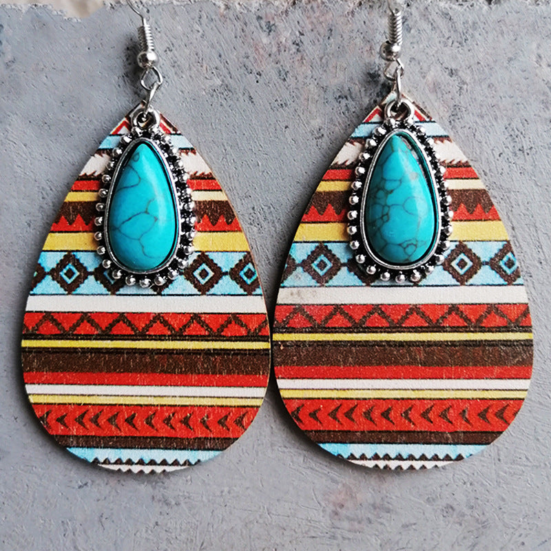 Wholesale  2 Pairs/Pack Turquoise Pendant Aztec Western Wooden Earrings